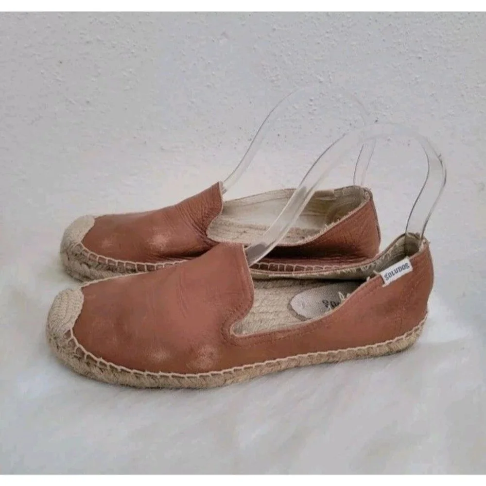 Soludos wmn 7/37.5 Platform Smoking Slipper shoe loafer camel leather espadrille